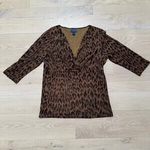 Chaps V Neck Top Surplice Empire 3/4 Sleeve XL Cheetah Mesh